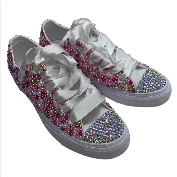 Pink Gold Pearls & Crystal Low Top Converse Sizes 5-14 New With Ribbon Laces - Picture 2 of 14